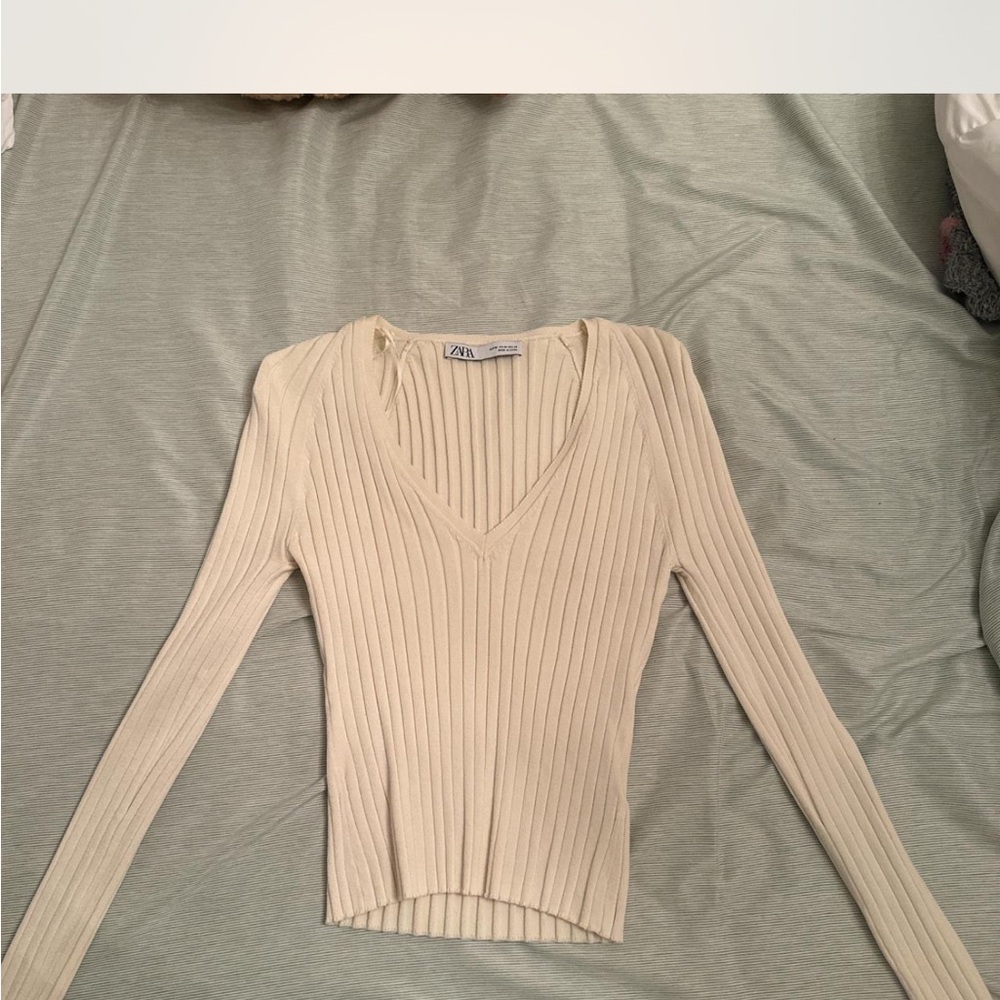 Zara Cream Long Sleeve Ribbed Top
